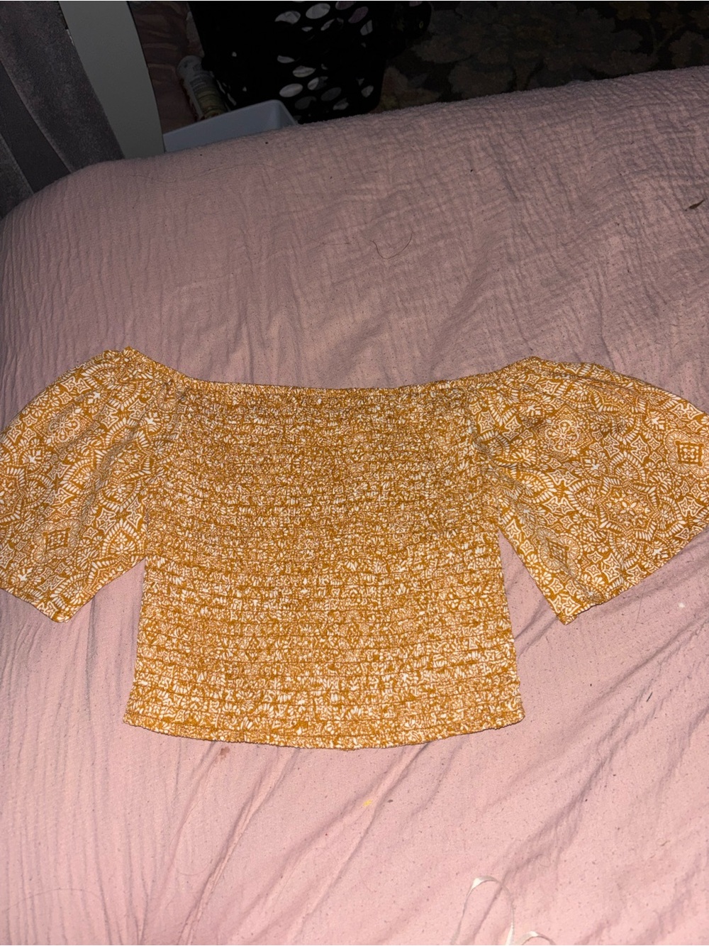 Off-Shoulder Smocked Crop Top in Mustard Yellow